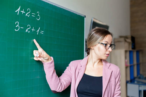 istock Teacher writing on chalkboard in classroom. Maths lesson at elementary school. Young woman teaching and asking mathematical exercises and tasks. Back to school concept 2159868089
