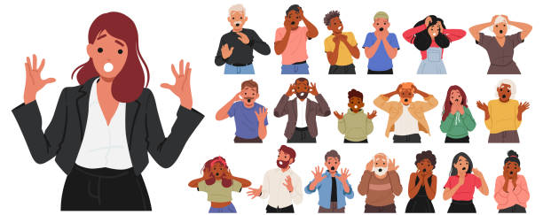 разнообразная группа мультяшных персонажей, демонстрирующих выражения шока и страха, удивления, стресса и тревоги - страх stock illustrations