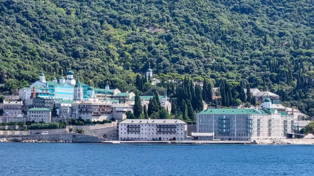 istock Mt Athos - Scenic view from boat on Saint Panteleimon Monastery (Rossikon) at Mount Athos in Autonomous State Holy Mountain, Chalkidiki 2159885967