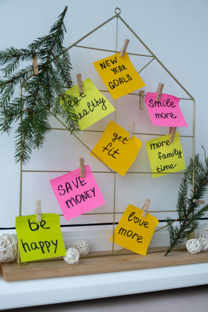 istock Action board new year's resolutions on colorful sticky notes. Making promises for new year, setting goals. Dream year 2159886231