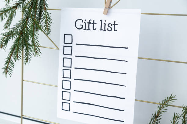 istock Preparation for winter holidays. GIFT LIST text on paper note. Celebration gifts and presents preparing Natural zero waste homemade Christmas decor. Happy new year 2159886272
