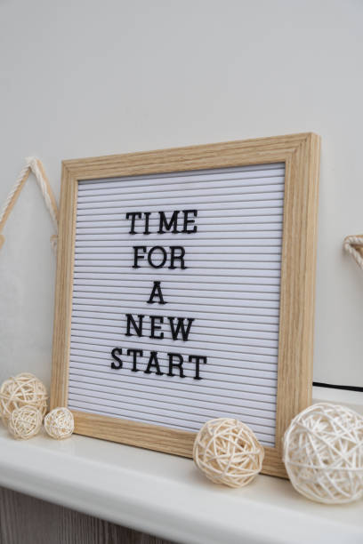 istock TIME FOR A NEW START text on black letter board with cozy minimalistic handmade Christmas decor. New year aims resolutions. Low key festive Planning and setting goals 2159886339
