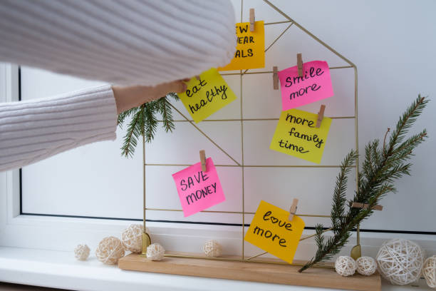 istock Female hands creating vision board with new year resolutions aims goals on sticky notes. Preparation for New Year. Planning and setting goals for personal development 2159887472