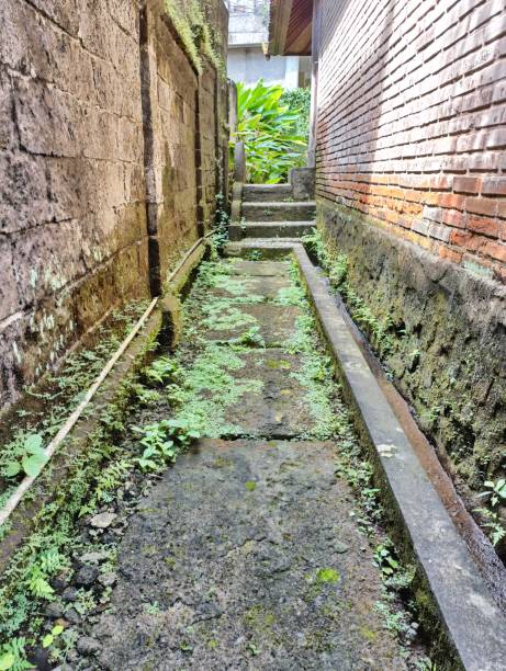 istock View down an empty alley way with weathered stone and masonry walls 2159887682