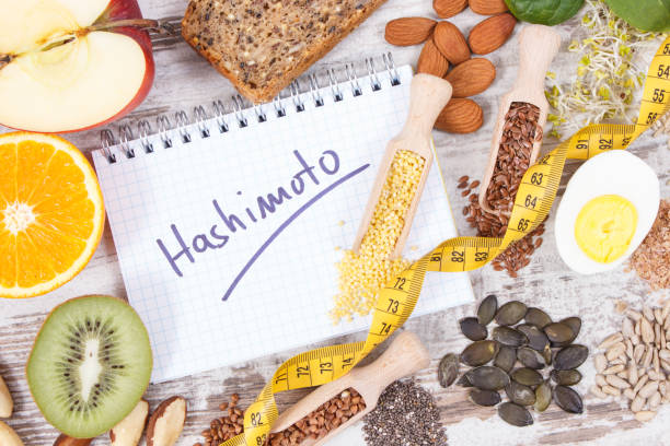 istock Nutritious ingredients and inscription hashimoto. Healthy food containing vitamins. Problems with thyroid concept 2159892923