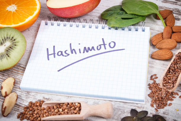 istock Nutritious ingredients and inscription hashimoto. Healthy food containing vitamins. Problems with thyroid concept 2159892931