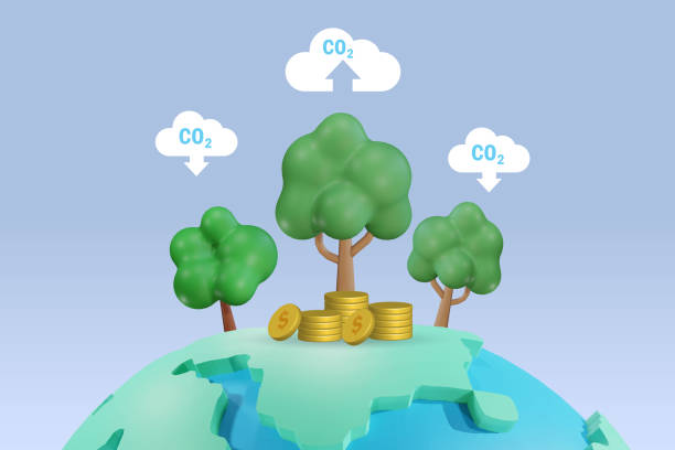 istock Carbon credit, reducing CO2 emission by growing tree. Big trees on world with money from carbon credit. Ecology, clean environment and green investment. 3D vector. 2159892964