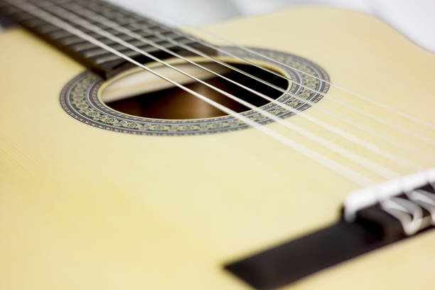 Acoustic guitar on a rustic wooden background with vignette. Space for copy.