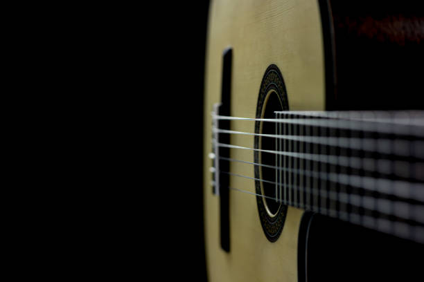 istock close up classical guitar from another perspective in black backround. 2159895037
