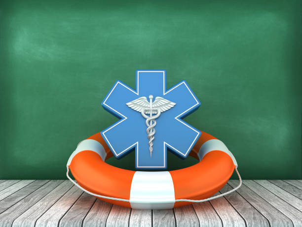 Medical Symbol Caduceus with Life Belt - Chalkboard Background - 3D Rendering