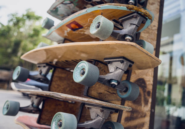 istock A stack of skateboards on a special outdoor stand 2159904982
