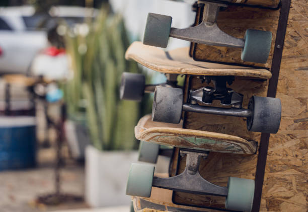 istock A stack of skateboards on a special outdoor stand 2159905035
