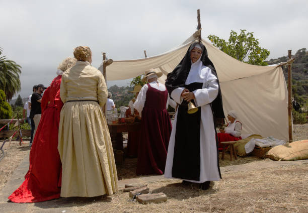 Santa Brigida, Las Palmas, Spain - June 29 2024: Members of The Association for the Dissemination of the Canary Island History participate in historical reenactment of the Battle of Batan, fought between pirates of Pieter van der Does and local militia