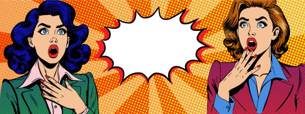 shocked women with amazed face and speech bubble in Pop Art Comic Style. Yellow background with halftone dots in pop art style. Banner template design with copy space for sale, discount, special offer.