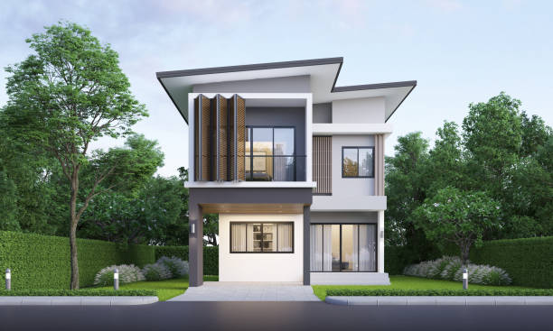 istock Modern house exterior evening view with lawn grass.3d rendering 2159911547