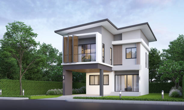 istock Modern house exterior evening view with lawn grass.3d rendering 2159911549