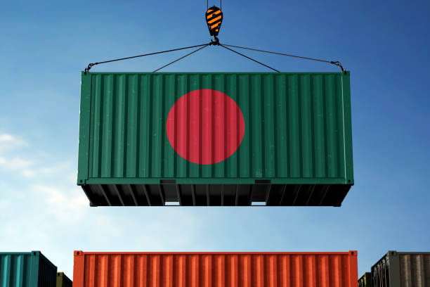istock Bangladesh trade cargo container hanging against clouds background 2159913047