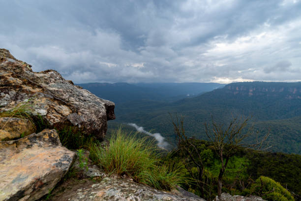 This classic Australian scene captures the volcanic dykes of Warrumbungle National Park bathed in warm evening light, viewed from the popular Camp Blackman campground. The golden sky, native trees, and distinctive geological formations reflect the natural beauty of a typical eastern Australian national park.