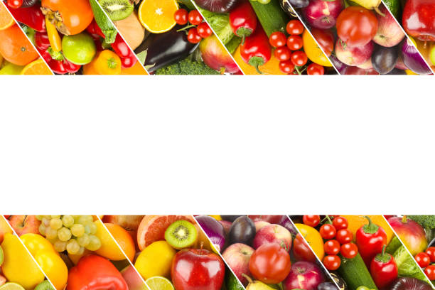 istock Healthy vegetables and fruit food - collage. Free space for text. 2159925480