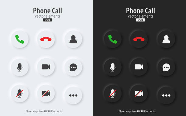 illustrations, cliparts, dessins animés et icônes de ensemble d’icônes d’appel vidéo. boutons noirs et blancs avec symboles de vidéoconférence. collecte d’éléments de communication vidéo. style neumorphisme, ui ux design, illustration vectorielle. - sonner