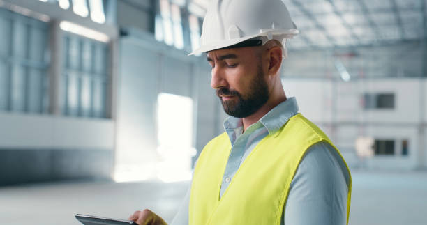 istock Planning, tablet and architecture with man in warehouse for industrial, engineering and construction. Manufacturing, networking and digital with contractor for project management and development 2159933217