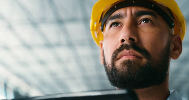 istock Planning, thinking and engineering with man in warehouse for industrial, architecture and construction. Manufacturing, mockup and logistics with contractor for project management and development 2159933236
