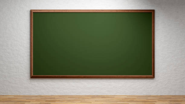 istock front view of green chalkboard with wooden frame on white room, 3D render 2159934601