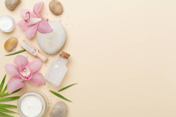 istock Composition with orchids, spa products on color background, top view 2159935671
