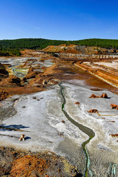 A wide-angle shot of the Rio Tinto mines, with its distinctive orange and white mineral deposits and a winding stream