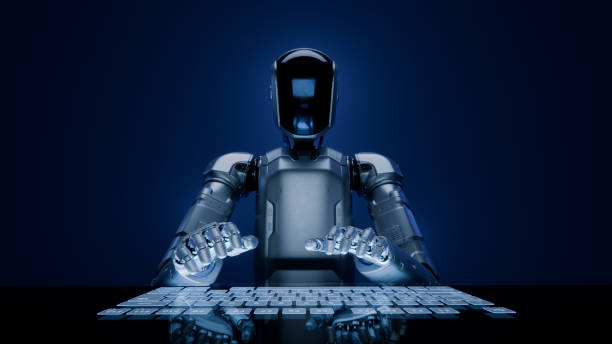 AI Powered Humanoid Robot with Glass Visor Typing on Futuristic Touch Keyboard. Humanoid Robot Swiftly Programming on Glass Keyboard. Concept: Artificial Intelligence Assistant Writing Text.