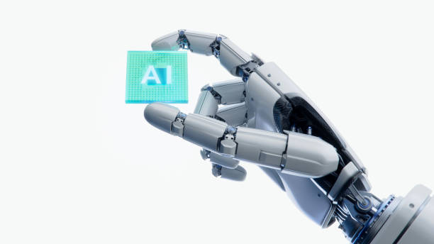 istock Humanoid Robot Hand with Glowing Futuristic Processor. White Hand of Humanoid Robot is Holding at its Fingertips Innovative and Advanced AI Accelerated Chip. Cooperation with Artificial Intelligence 2159943676