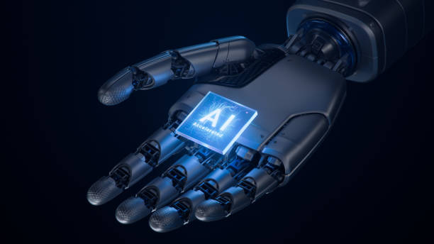 istock Metal Hand of Humanoid Robot Offering Innovative and Advanced AI Accelerated Chip. Cooperation with Artificial Intelligence. Top View of Humanoid Robot Hand with Glowing Futuristic Processor. 2159943777