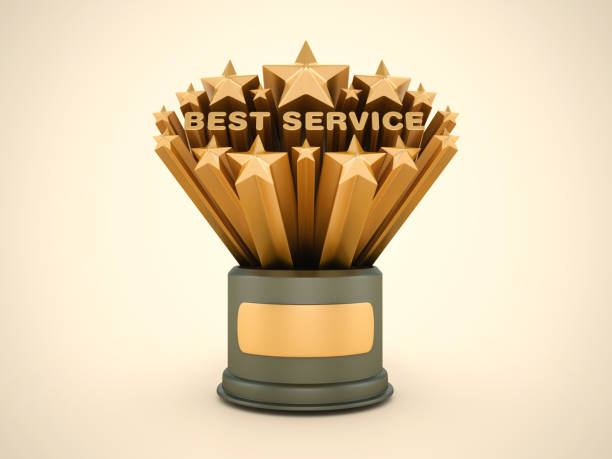 Gold Stars with Best Service Phrase on Trophy - Colored Background - 3D Rendering