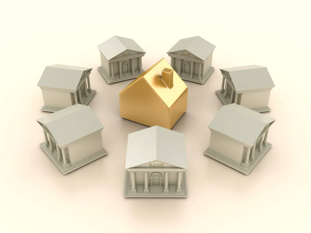 istock 3D House with Bank Buildings 2159953669