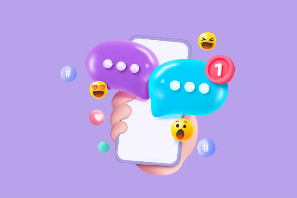 istock 3D minimal social media with emoji, hashtag, speech on mobile hand holding, interface optimization for banner and website for mockup mobile phone concept. 3d social network vector render illustration 2159957416