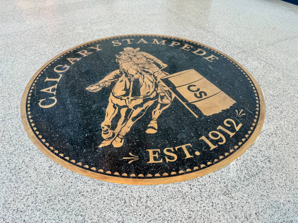 Calgary, Alberta - May 14, 2024: Bronze floor seals in the BMO Conference Centre on Calgary's Stampede grounds