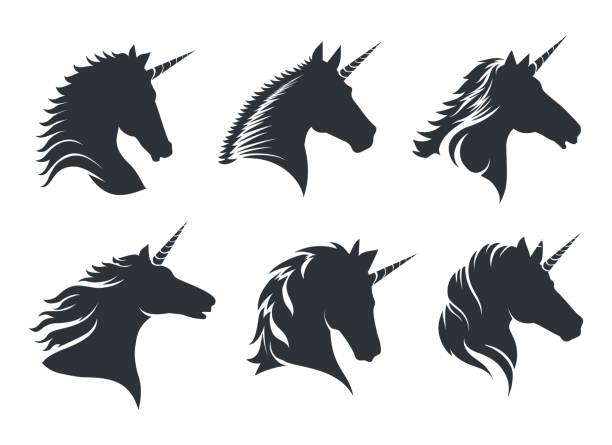 Unicorn head black icons Unicorn symbols. Unicorns heads silhouette set, mythological one horned horses head black icons, myth fairytale flat unicorns black family crest stock illustrations