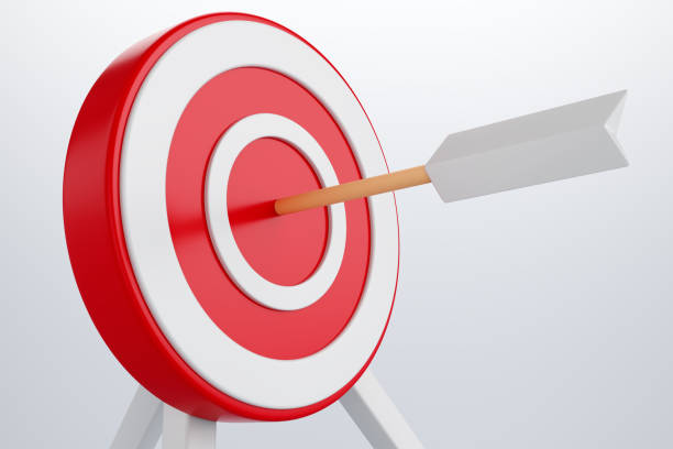 Close-up of target with arrow from bow. 3d rendering illustration.