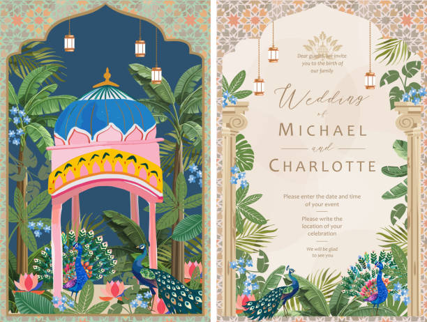 Indian wedding invitation. Vector illustration of temple, arch with column, tropical plant, peacock, lantern, floral frame, border for greeting card, flyer, poster or background. Mughal pichwai garden Indian wedding invitation. Vector illustration of temple, arch with column, tropical plant, peacock, lantern, floral frame, border for greeting card, flyer, poster or background. Mughal pichwai garden mughal empire stock illustrations