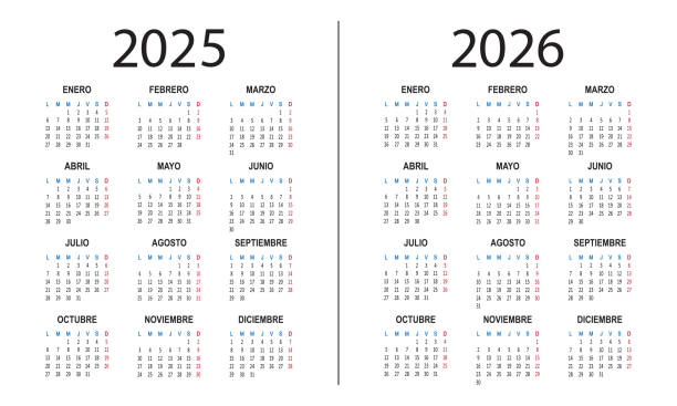 Spanish calendar 2025 2026 years. Week starts on Monday. Simple vector Spanish calendar 2025 2026 years. Week starts on Monday. Simple vector illustration january in spanish stock illustrations