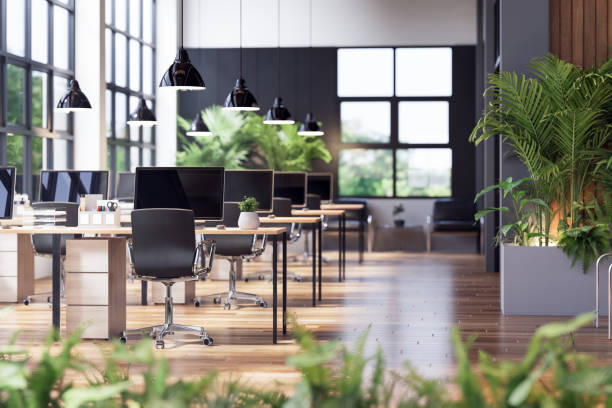 Modern industrial loft style office interior decorated with green nature 3d render