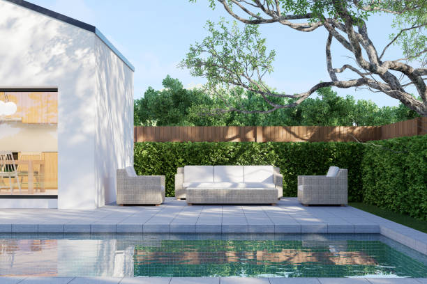 istock Modern style white house with concrete tile swimming pool terrace 3d render 2159979906