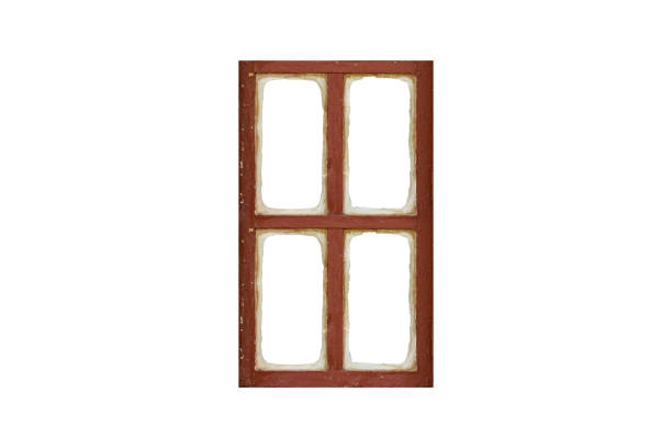 Old minimalist brown wooden window frame with four sashes isolated on white background.