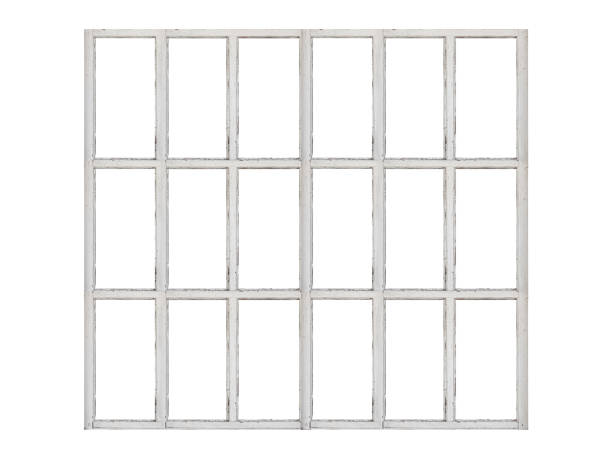 istock Old dark-colored white wooden window frame with many sashes isolated on transparent background. 2159991339