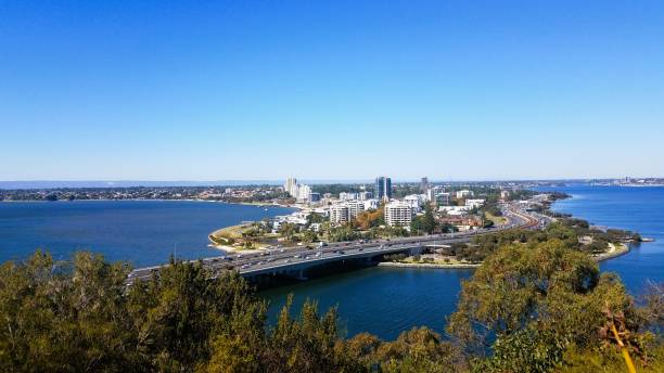 The cityscape of Perth visible from King's Park and the Botanical Gardens on a sunny day.