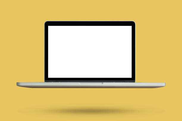 istock Laptop with blank screen isolated on yellow background 2160002164