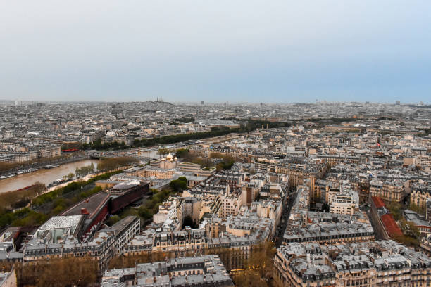Aerial view of Paris. Panoramic sunset view of the old town of Paris. City skyline.