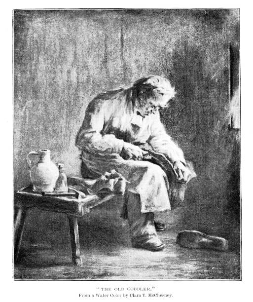 A solitary senior man sits and mends shoes. Engraving published 1893. Original edition is from my own archives. Copyright has expired and is in Public Domain.