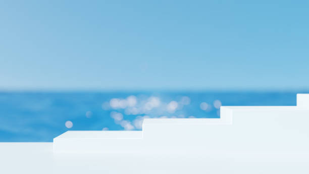 3D Illustration.White stair pedestal on blue ocean background. (Horizontal)