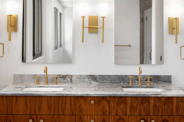 istock Luxury Modern Bathroom Vanity With Dual Sinks, Marble Countertop And Mirrors 2160007641